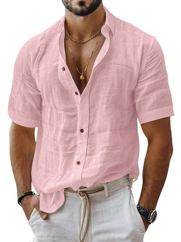 Men's casual cotton and linen shirt with turn-down collar