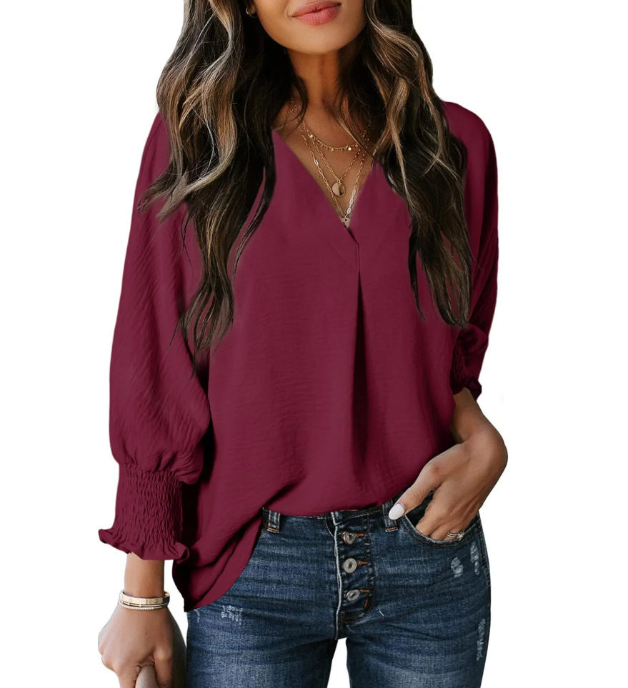 V-neck casual long-sleeved loose shirt