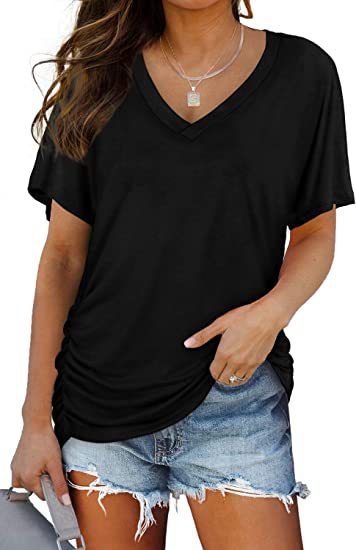Women’s V-Neck Side Twist Ruched Short Sleeve Curved Hem Casual T-Shirt