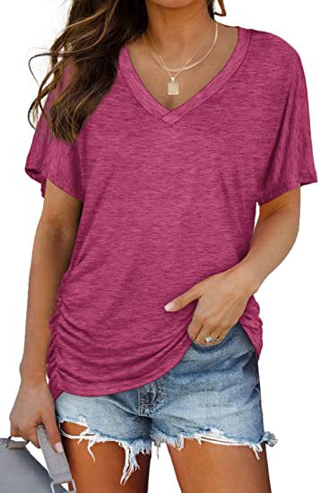 Women’s V-Neck Side Twist Ruched Short Sleeve Curved Hem Casual T-Shirt