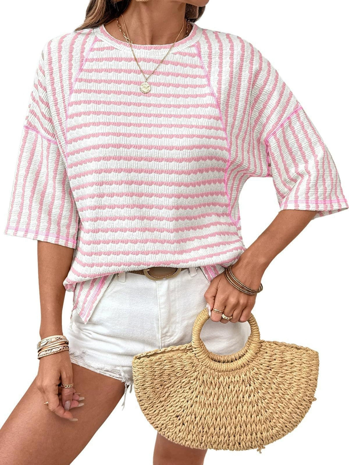 Loose-fitting round neck striped T-shirt, versatile short-sleeved top