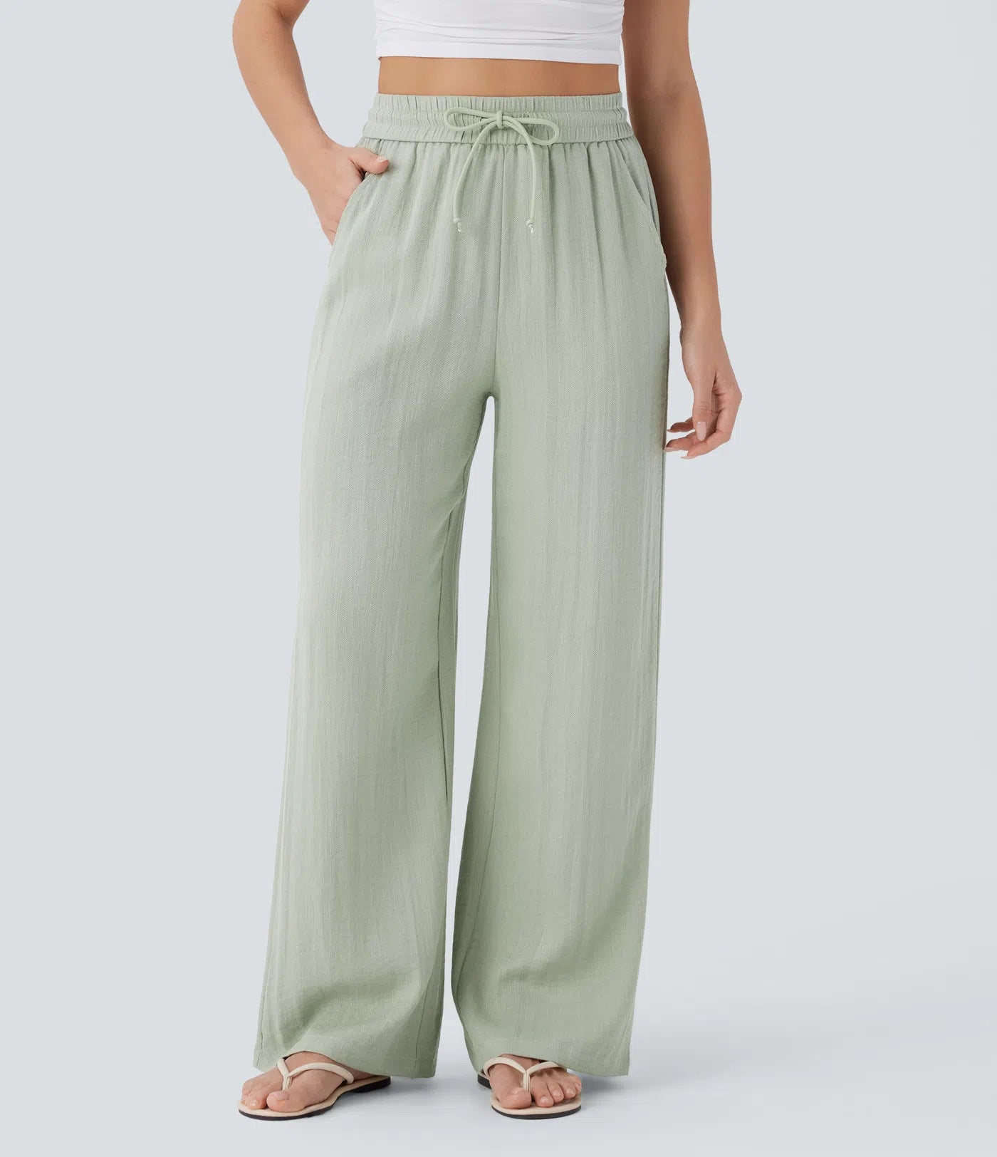 High-waisted drawstring side pocket wide-leg casual linen pants
