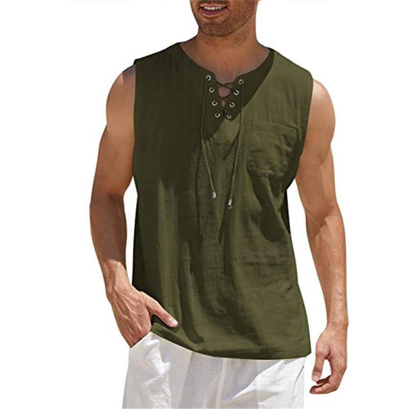 Lace-up Fashion Solid Color Cotton Linen Short-Sleeve T-Shirt