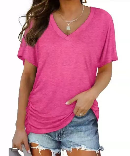 Women’s V-Neck Side Twist Ruched Short Sleeve Curved Hem Casual T-Shirt