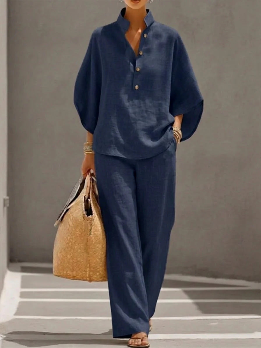 Women's  V-Neck 2-Piece Set - Batwing Sleeve Top & Wide Leg Pants