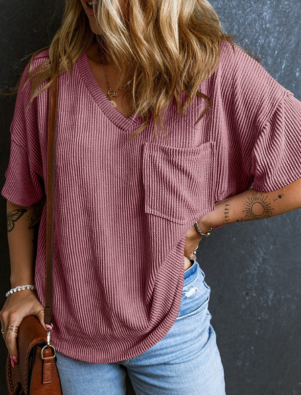 Pullover short-sleeved V-neck top
