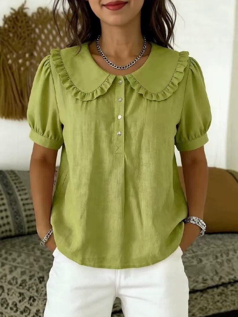 🔥 Ruffled Peter Pan Collar Puff Short Sleeve Half Placket Blouse