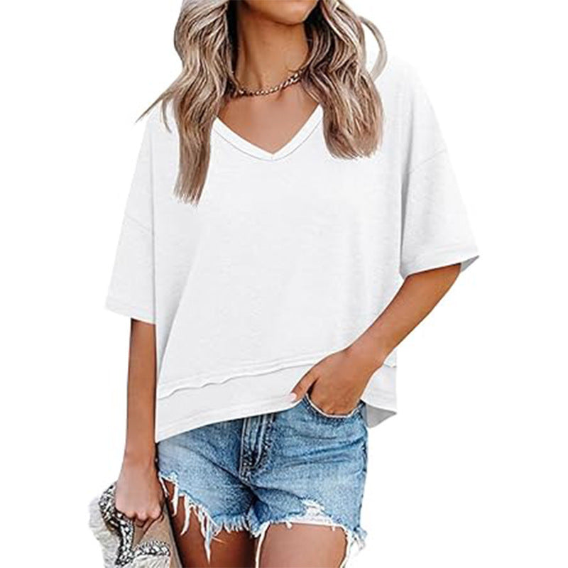 Solid color patchwork V-neck T-shirt