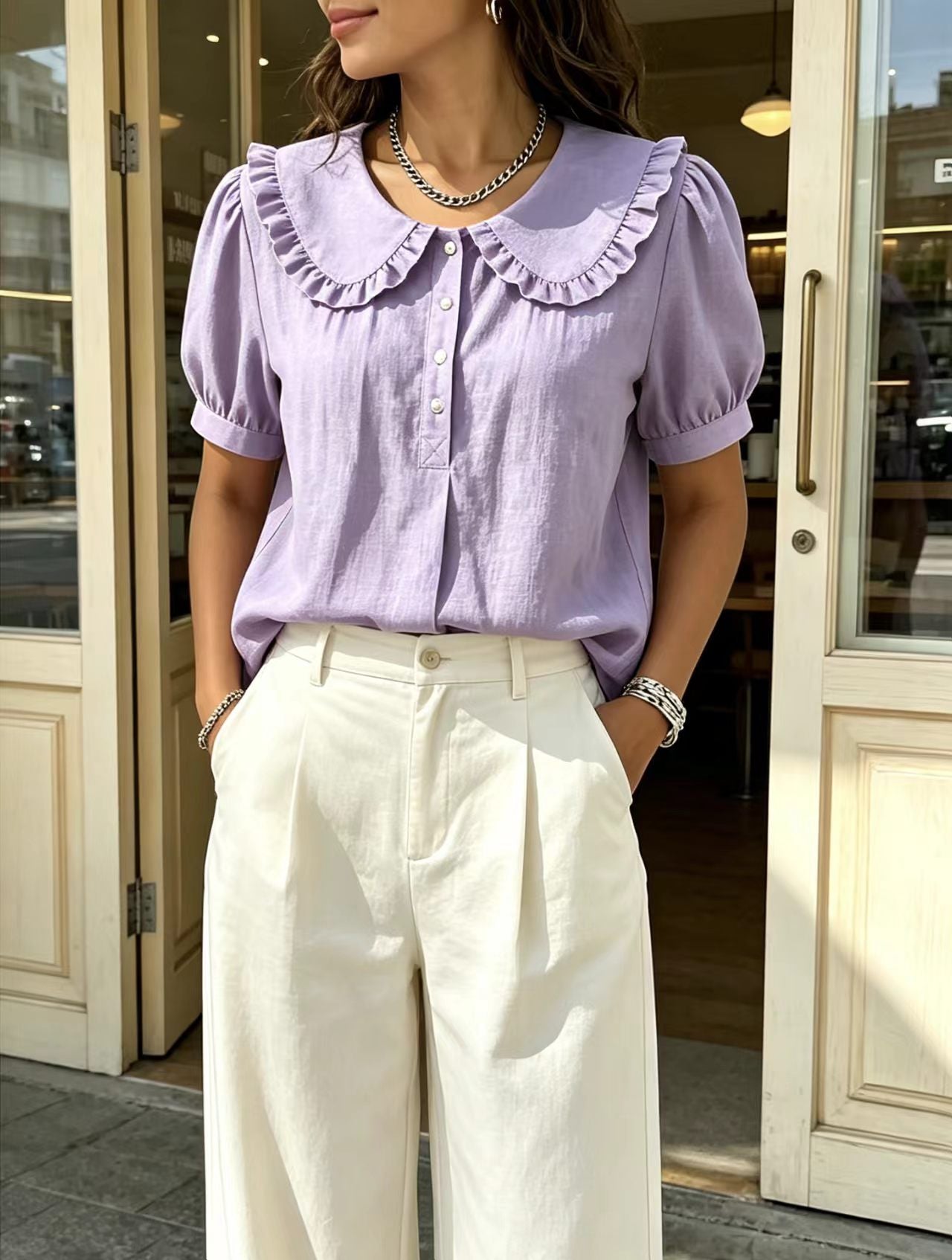 🔥 Ruffled Peter Pan Collar Puff Short Sleeve Half Placket Blouse