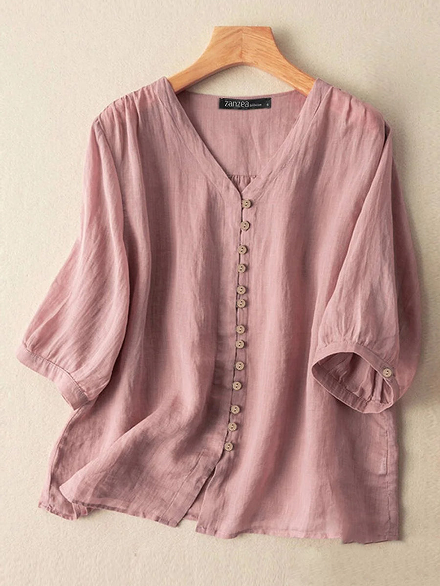 LilyWish Women Solid V-Neck Button Front Cotton 3/4 Sleeve Shirt