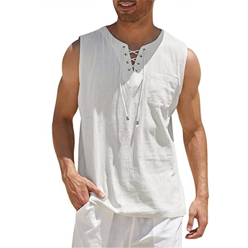 Lace-up Fashion Solid Color Cotton Linen Short-Sleeve T-Shirt