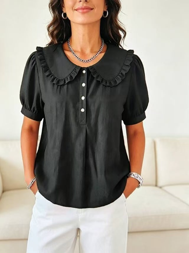 🔥 Ruffled Peter Pan Collar Puff Short Sleeve Half Placket Blouse