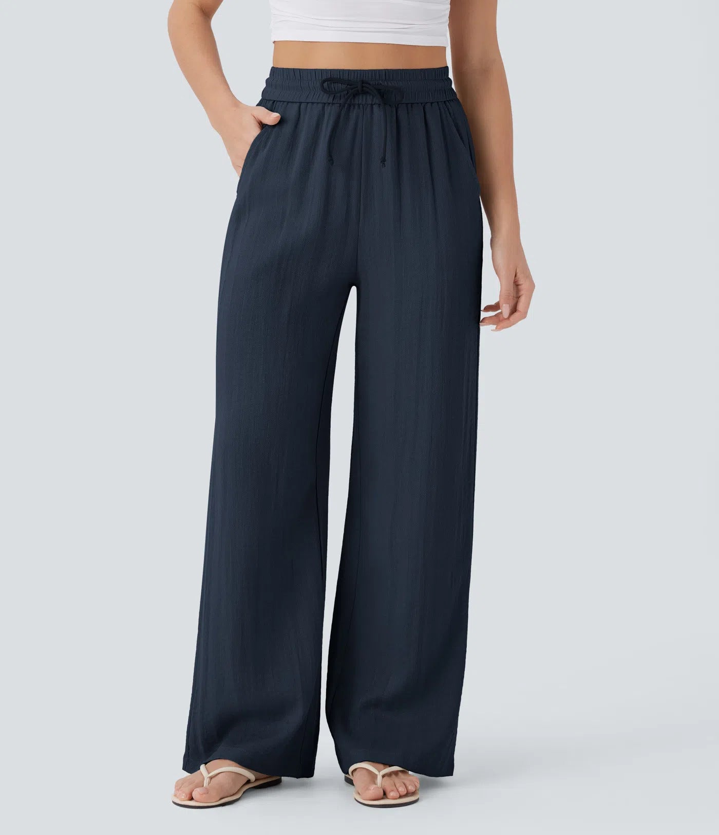 High-waisted drawstring side pocket wide-leg casual linen pants