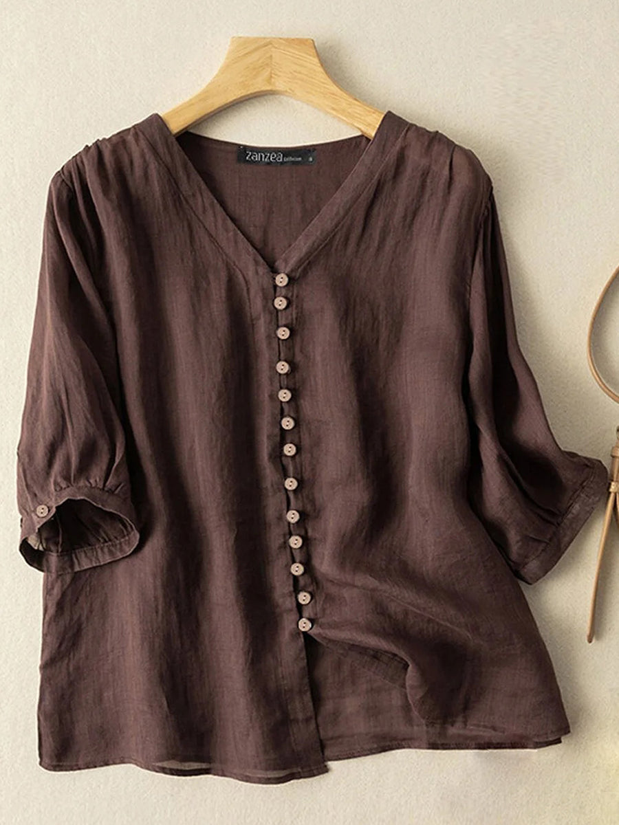 LilyWish Women Solid V-Neck Button Front Cotton 3/4 Sleeve Shirt