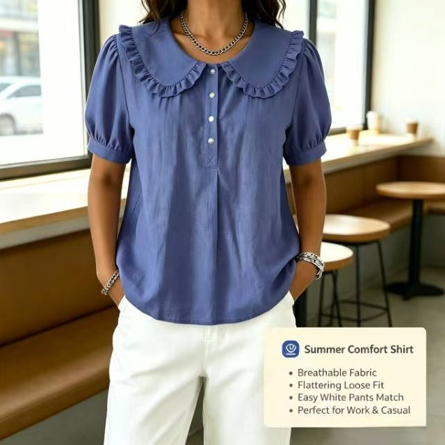 🔥 Ruffled Peter Pan Collar Puff Short Sleeve Half Placket Blouse