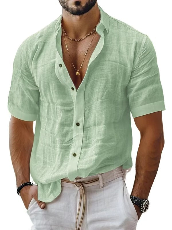 Men's casual cotton and linen shirt with turn-down collar