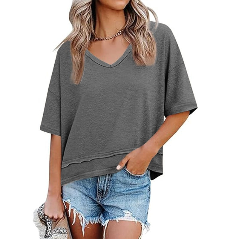 Solid color patchwork V-neck T-shirt