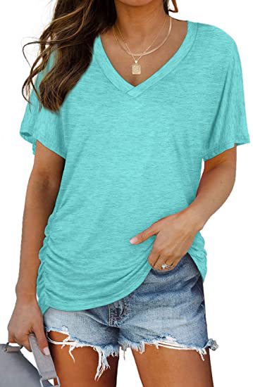 Women’s V-Neck Side Twist Ruched Short Sleeve Curved Hem Casual T-Shirt