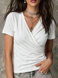 New summer crossover V-neck pleated short-sleeved T-shirt
