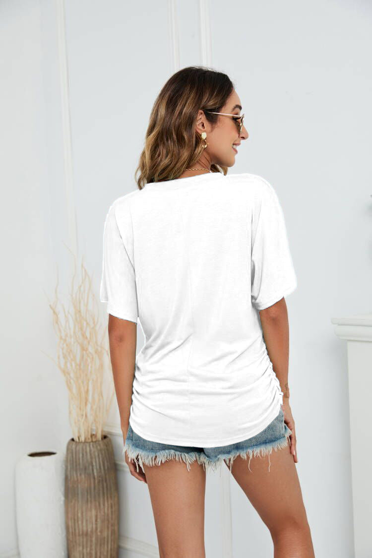 Women’s V-Neck Side Twist Ruched Short Sleeve Curved Hem Casual T-Shirt