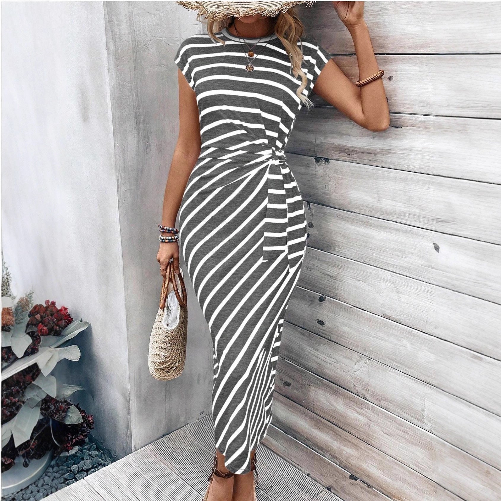 Women’s Cap Sleeve Side Twist Ruched Striped Bodycon Midi Dress