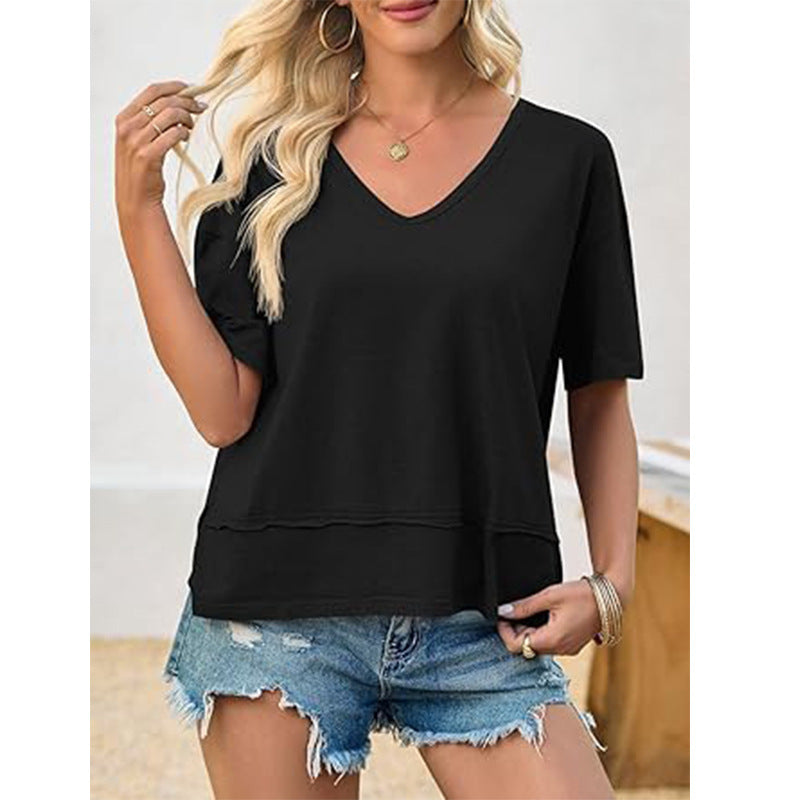 Solid color patchwork V-neck T-shirt