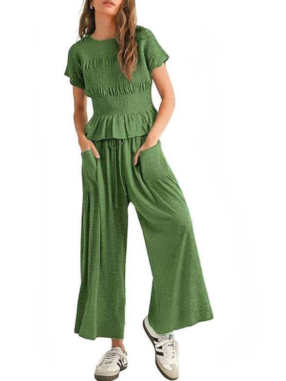 New short-sleeved high-waisted wide-leg pants two-piece set