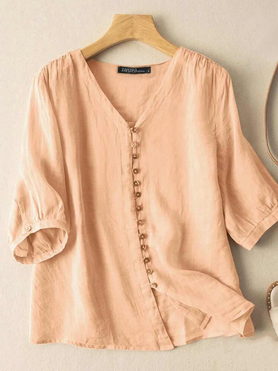 LilyWish Women Solid V-Neck Button Front Cotton 3/4 Sleeve Shirt