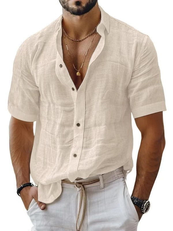 Men's casual cotton and linen shirt with turn-down collar