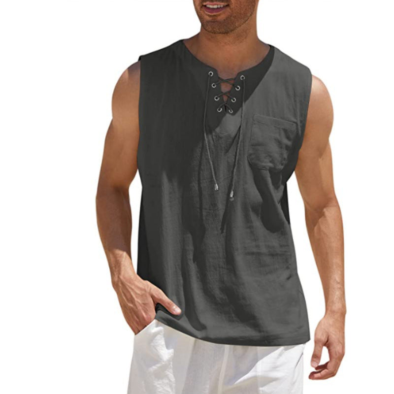 Lace-up Fashion Solid Color Cotton Linen Short-Sleeve T-Shirt