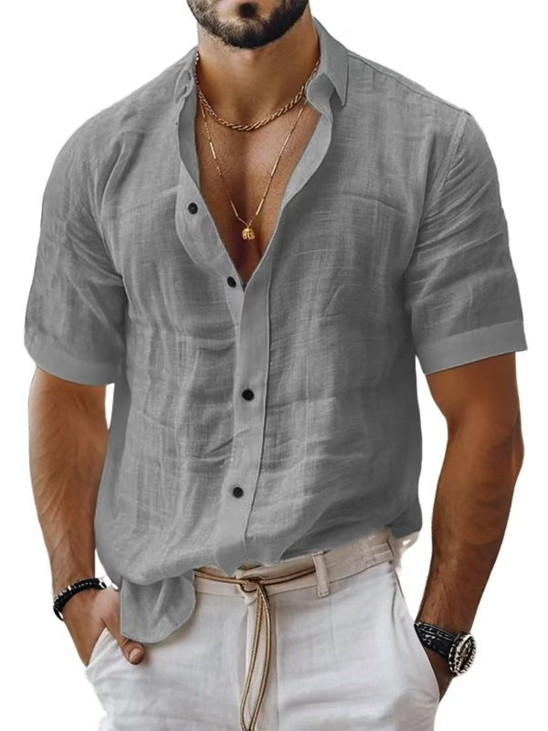 Men's casual cotton and linen shirt with turn-down collar
