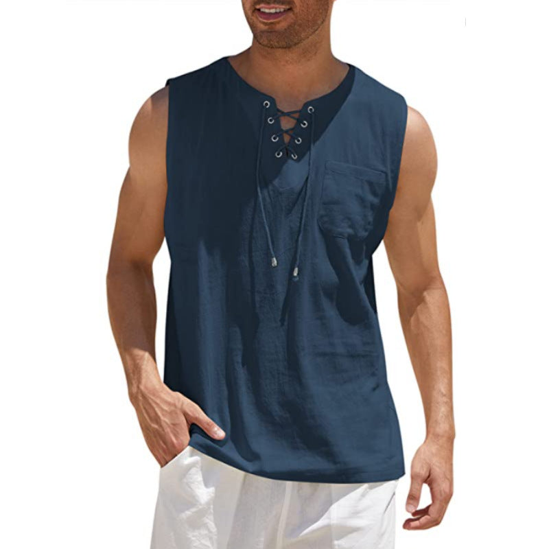 Lace-up Fashion Solid Color Cotton Linen Short-Sleeve T-Shirt
