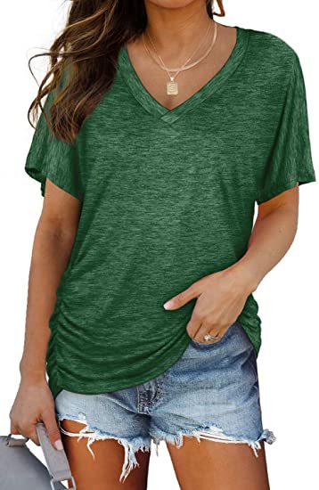 Women’s V-Neck Side Twist Ruched Short Sleeve Curved Hem Casual T-Shirt
