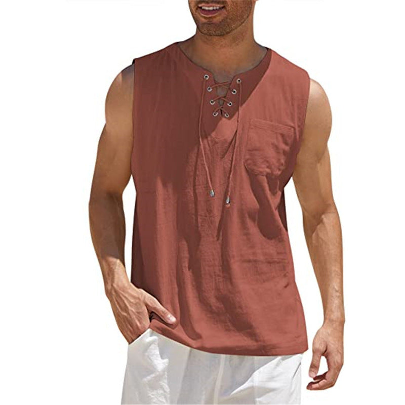Lace-up Fashion Solid Color Cotton Linen Short-Sleeve T-Shirt