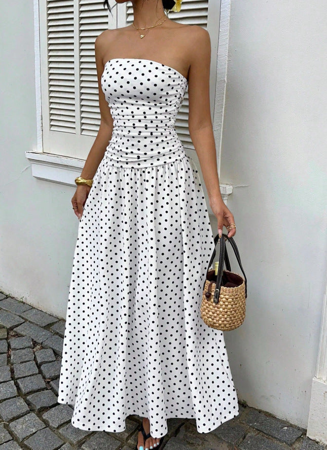 Polka dot strapless high-neck sleeveless long dress