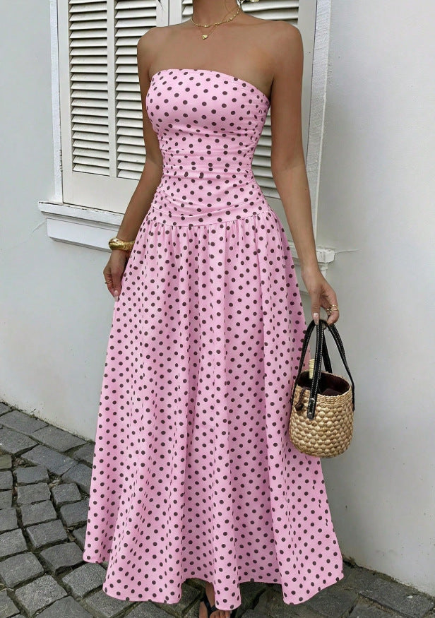 Polka dot strapless high-neck sleeveless long dress