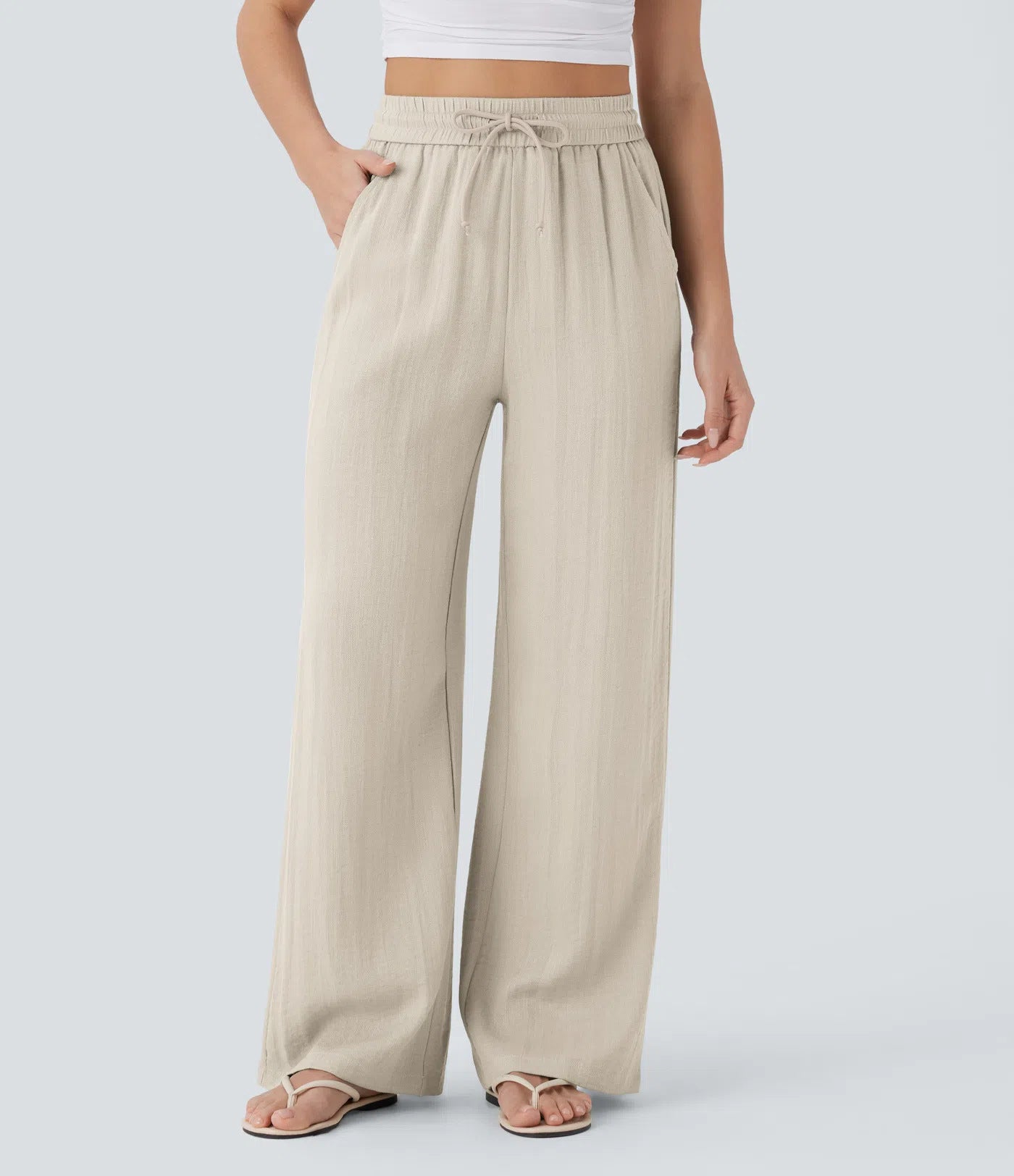High-waisted drawstring side pocket wide-leg casual linen pants