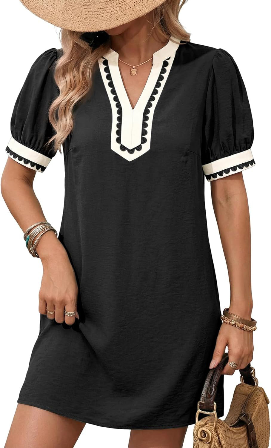 Embroidered V-Neck Shift Dress