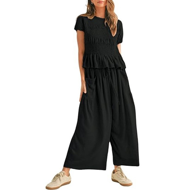 New short-sleeved high-waisted wide-leg pants two-piece set