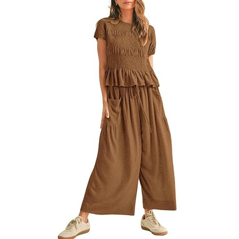 New short-sleeved high-waisted wide-leg pants two-piece set