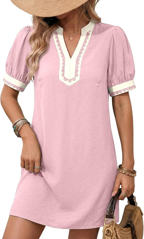 Embroidered V-Neck Shift Dress