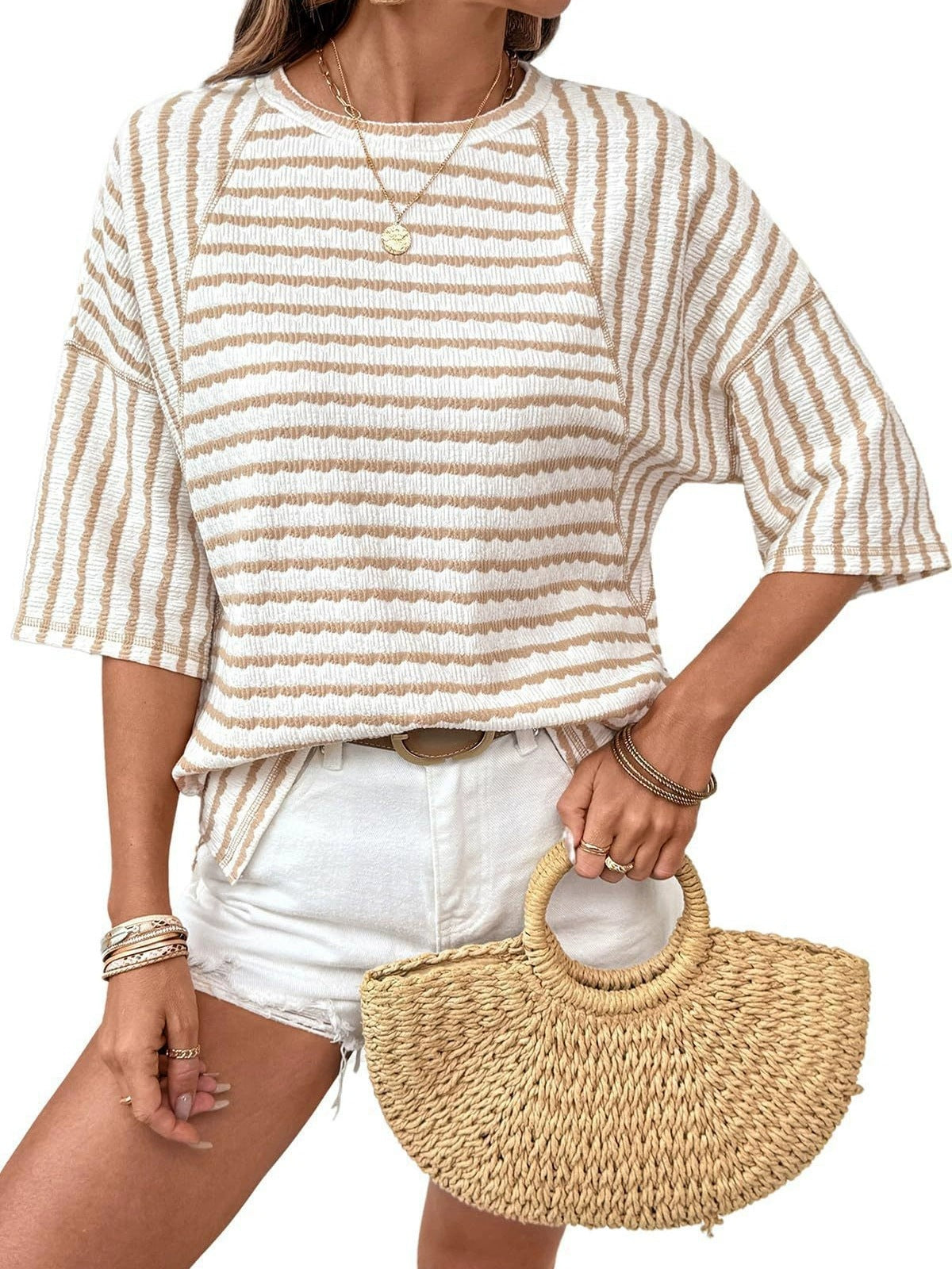 Loose-fitting round neck striped T-shirt, versatile short-sleeved top