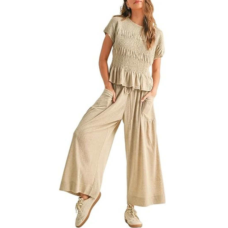 New short-sleeved high-waisted wide-leg pants two-piece set