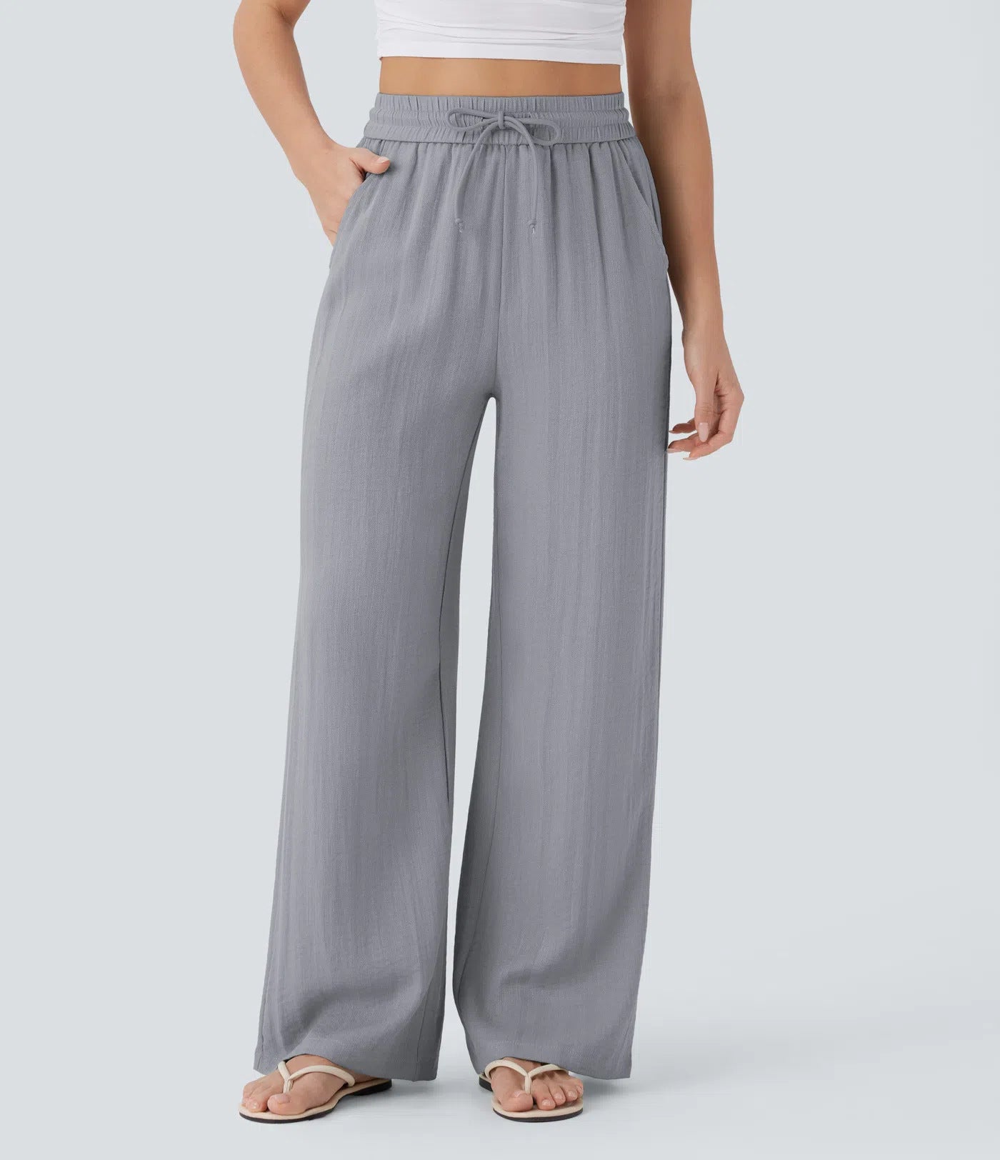 High-waisted drawstring side pocket wide-leg casual linen pants