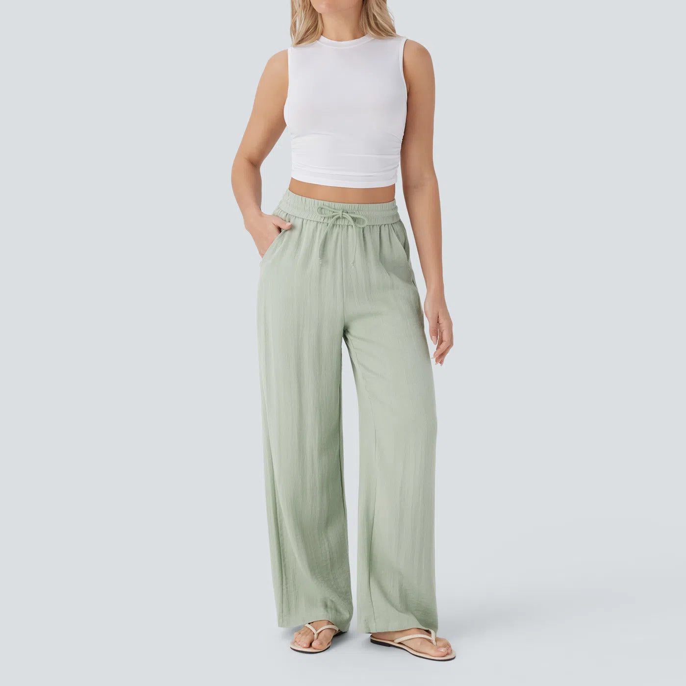 High-waisted drawstring side pocket wide-leg casual linen pants