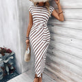 Women’s Cap Sleeve Side Twist Ruched Striped Bodycon Midi Dress