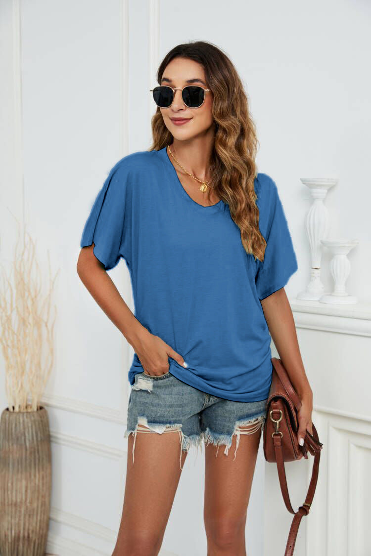 Women’s V-Neck Side Twist Ruched Short Sleeve Curved Hem Casual T-Shirt