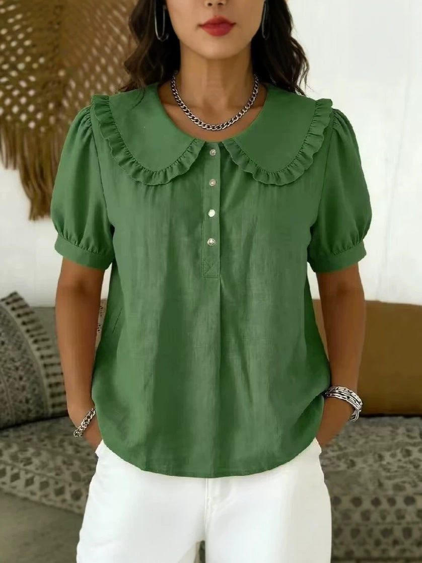 🔥 Ruffled Peter Pan Collar Puff Short Sleeve Half Placket Blouse