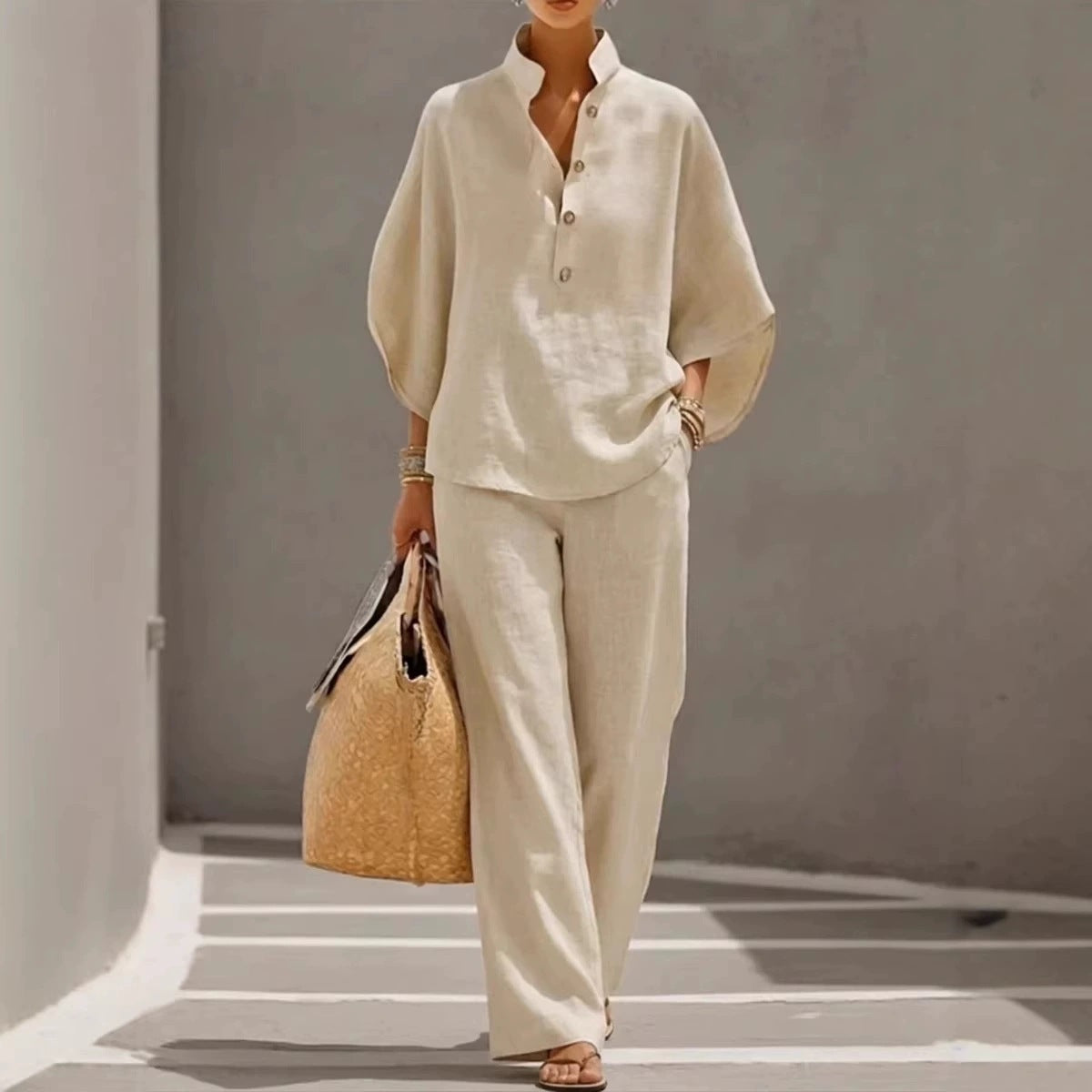 Women's  V-Neck 2-Piece Set - Batwing Sleeve Top & Wide Leg Pants