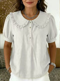 🔥 Ruffled Peter Pan Collar Puff Short Sleeve Half Placket Blouse